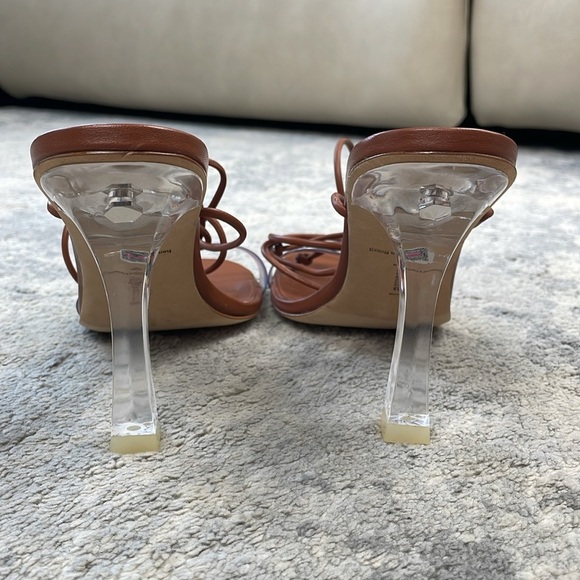 Larroude Gloria Sandal In Caramel Leather and Vinyl Ankle Wrap Clear Heel 7 - Picture 9 of 16